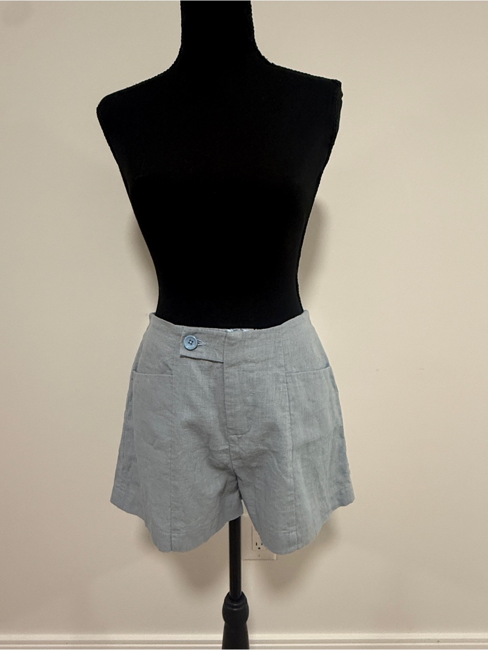 Handcrafted 100% Linen High Waist Shorts Sky Blue Elastic Waist Summer Vacation